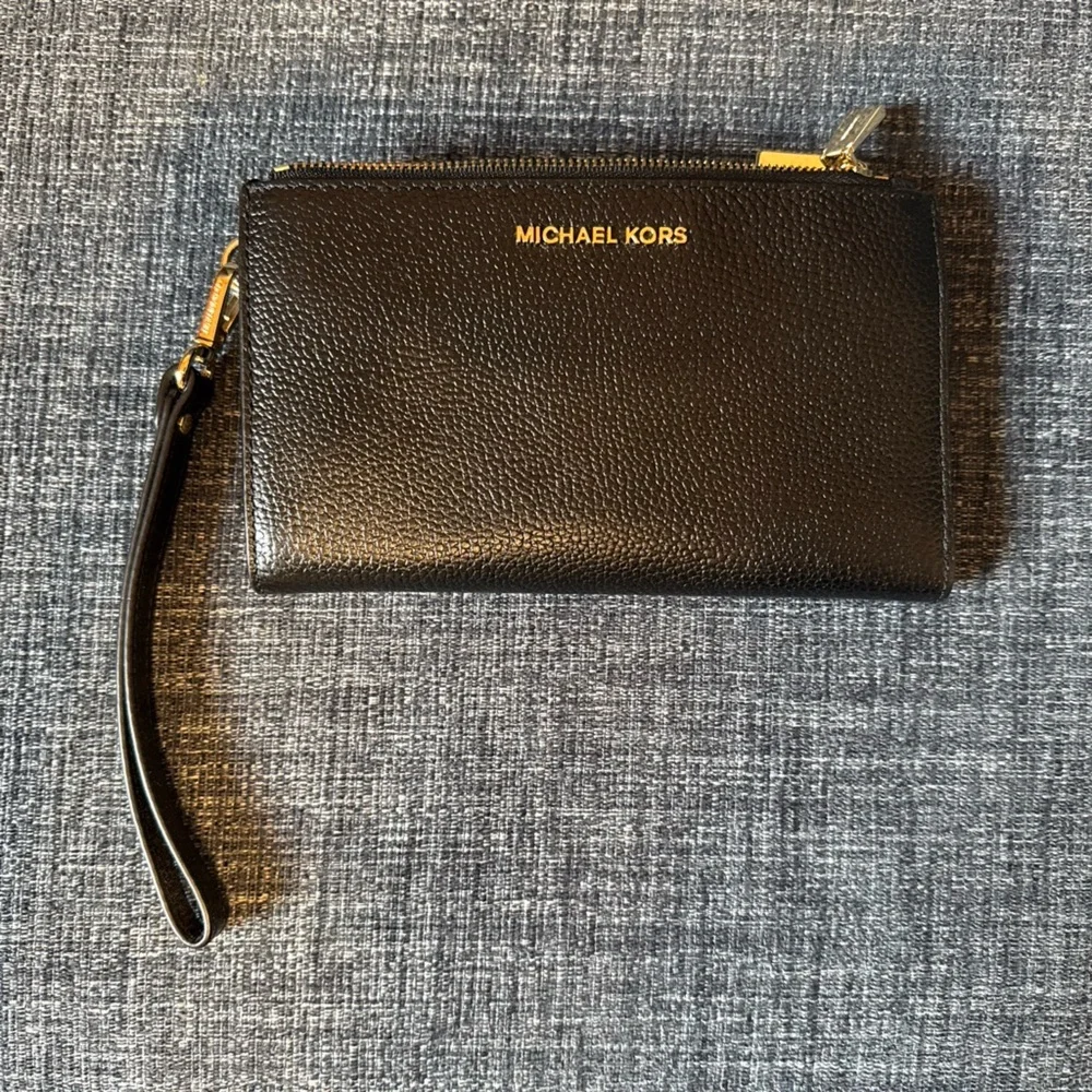 Michael Kors Black Pebbled Leather Zip Wristlet with Gold Logo